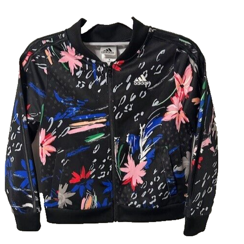 Adidas Track Jacket Black Blue Pink Floral Full Zip Front Girls Sz M 10/12